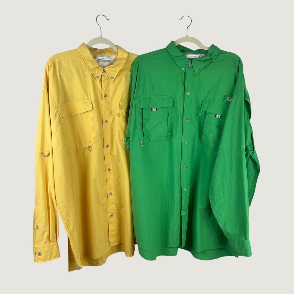 Columbia PFG Bahama II Mens XXL Long Sleeve Fishing Shirt Lot 2 Yellow Green UPF